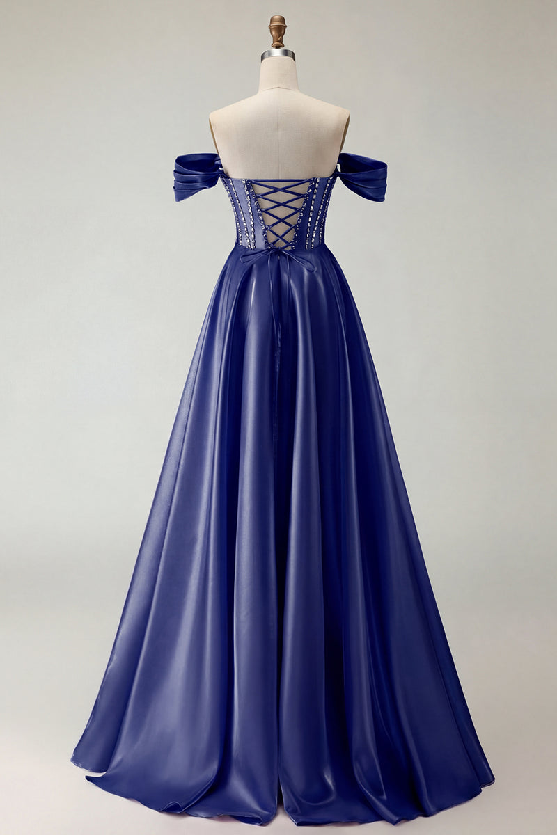 Load image into Gallery viewer, Sparkly Purple A Line Beaded Satin Long Corset Prom Dress with Slit