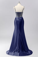 Load image into Gallery viewer, Sparkly Grey Blue Spaghetti Straps Mermaid Long Prom Dress with Beading