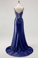 Load image into Gallery viewer, Sparkly Blush Mermaid Spaghetti Straps Satin Long Corset Prom Dress with Beading