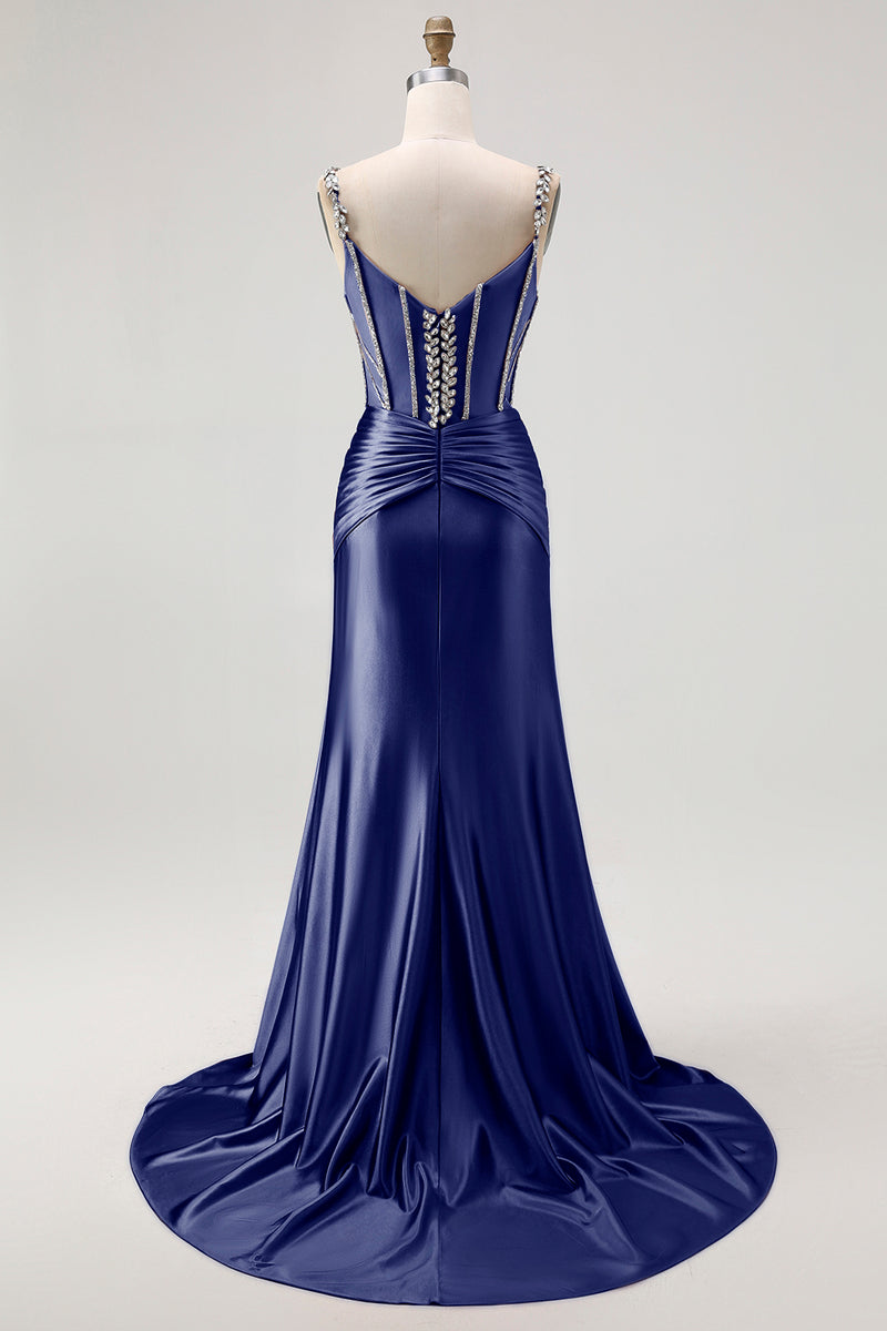 Load image into Gallery viewer, Sparkly Blush Mermaid Spaghetti Straps Satin Long Corset Prom Dress with Beading