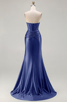 Load image into Gallery viewer, Dark Green Strapless Satin Mermaid Long Corset Prom Dress with Slit