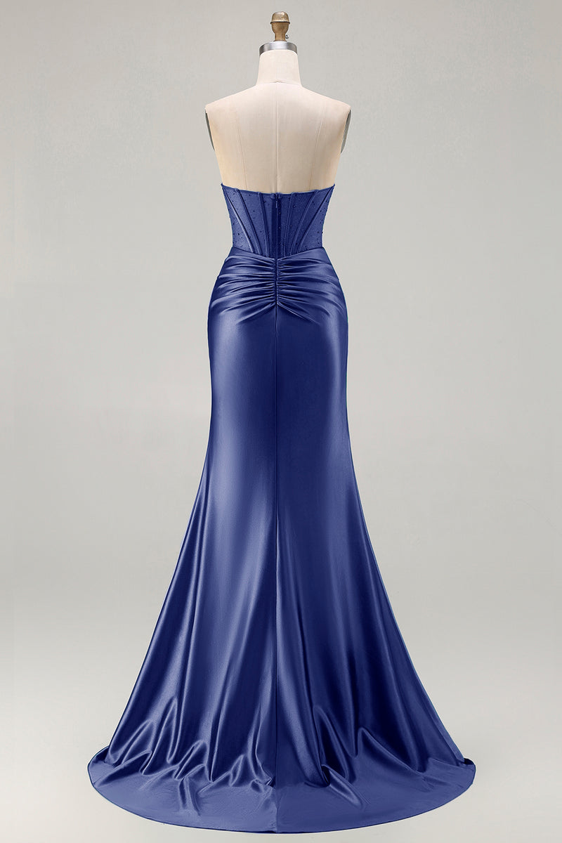Load image into Gallery viewer, Dark Green Strapless Satin Mermaid Long Corset Prom Dress with Slit
