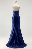 Load image into Gallery viewer, Sparkly Red Mermaid Satin Beaded Long Corset Prom Dress with Slit