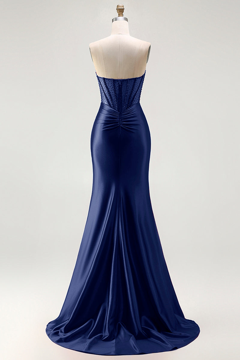 Load image into Gallery viewer, Sparkly Red Mermaid Satin Beaded Long Corset Prom Dress with Slit