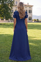 Load image into Gallery viewer, Round Neck Blue Floral A Line Long Formal Dress with Sleeves