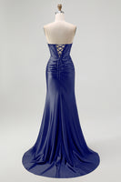 Load image into Gallery viewer, Sparkly Black Mermaid Sweetheart Satin Long Corset Prom Dress with Beading