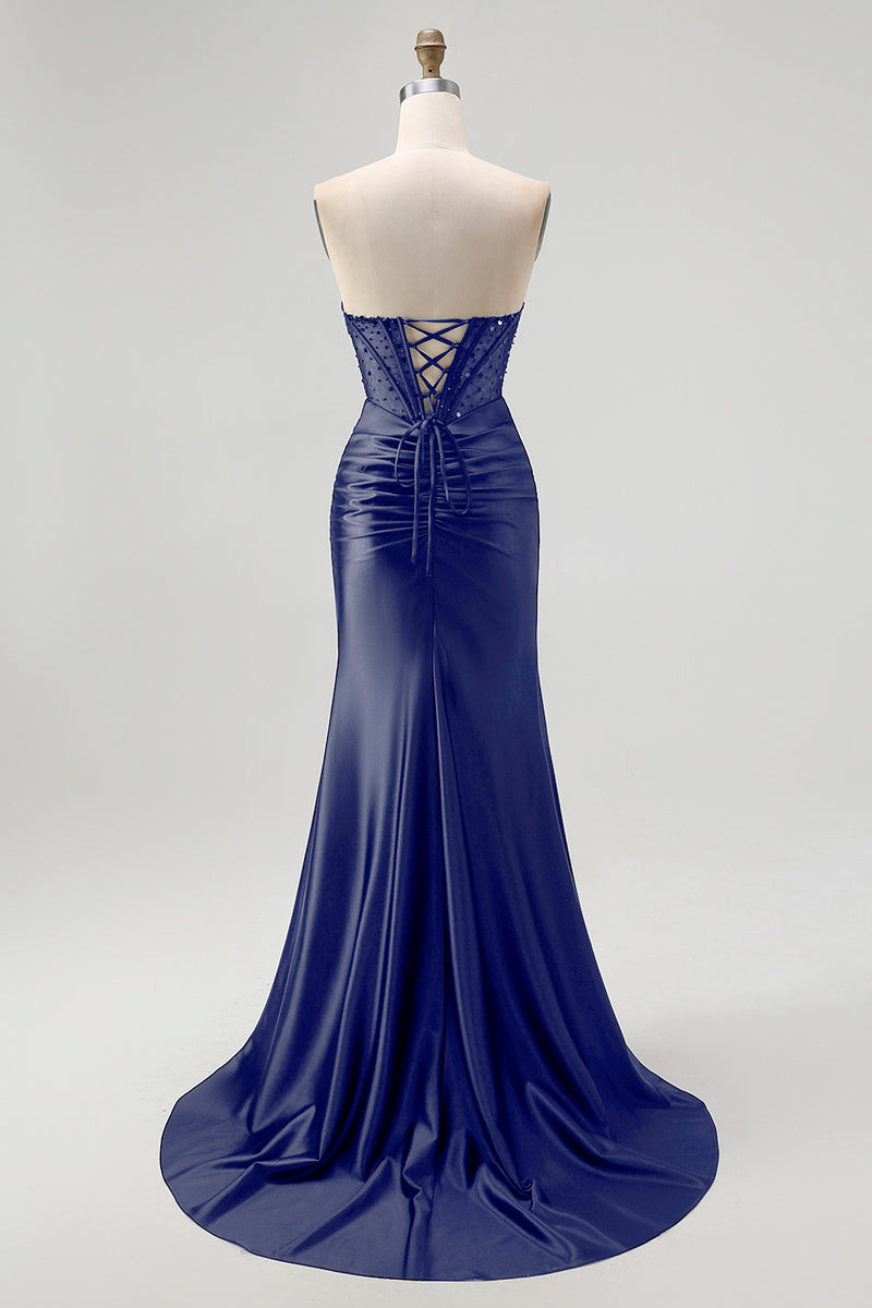 Load image into Gallery viewer, Sparkly Black Mermaid Sweetheart Satin Long Corset Prom Dress with Beading