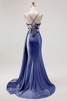 Load image into Gallery viewer, Sparkly Champagne Mermaid Satin Spaghetti Straps Long Prom Dress with Beading