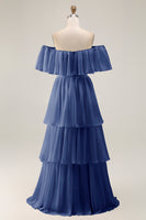 Load image into Gallery viewer, White Chiffon Off the Shoulder Tiered Boho Sweep Train Wedding Dress