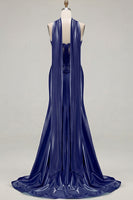 Load image into Gallery viewer, Blue Satin Sweetheart Mermaid Long Corset Prom Dress