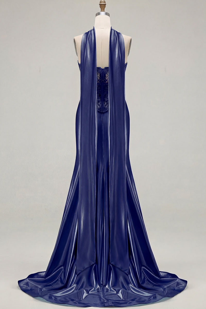Load image into Gallery viewer, Blue Satin Sweetheart Mermaid Long Corset Prom Dress