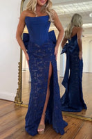 Load image into Gallery viewer, Red Lace Corset Mermaid Strapless Long Prom Dress with Bow