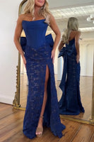 Load image into Gallery viewer, Red Lace Corset Mermaid Strapless Long Prom Dress with Bow