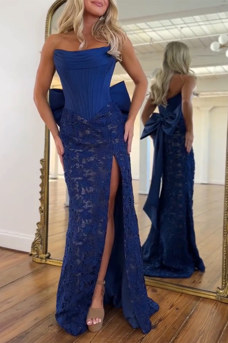 Load image into Gallery viewer, Red Lace Corset Mermaid Strapless Long Prom Dress with Bow