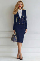Load image into Gallery viewer, 2 Piece Royal Blue Double Breasted Midi Pencil Business Suits