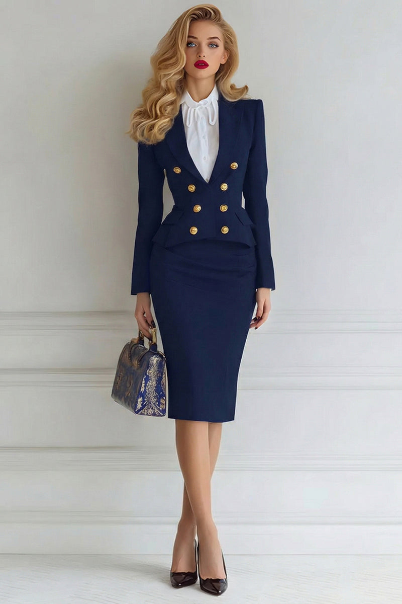 Load image into Gallery viewer, 2 Piece Royal Blue Double Breasted Midi Pencil Business Suits