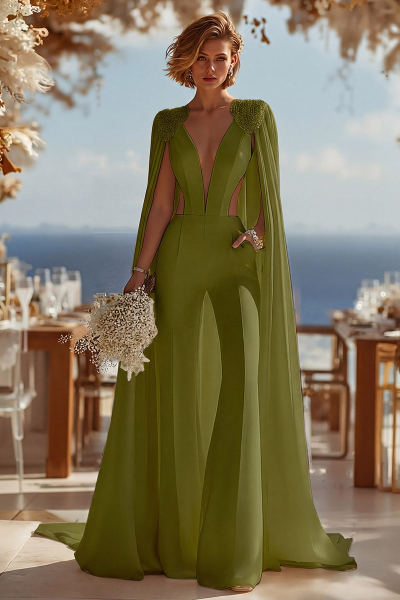 Load image into Gallery viewer, Ivory Cut Out Deep V-Neck Bridal Jumpsuits with Cape