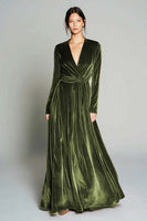 Load image into Gallery viewer, Brown Pleated Velvet A Line Long Sleeves Holiday Party Dress