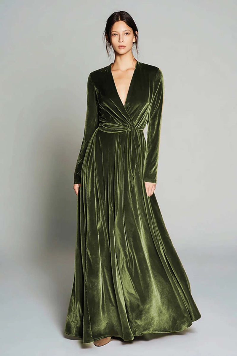 Load image into Gallery viewer, Brown Pleated Velvet A Line Long Sleeves Holiday Party Dress