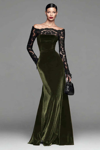 Burgundy Velvet Long Sleeves Mermaid Holiday Party Dress with Lace