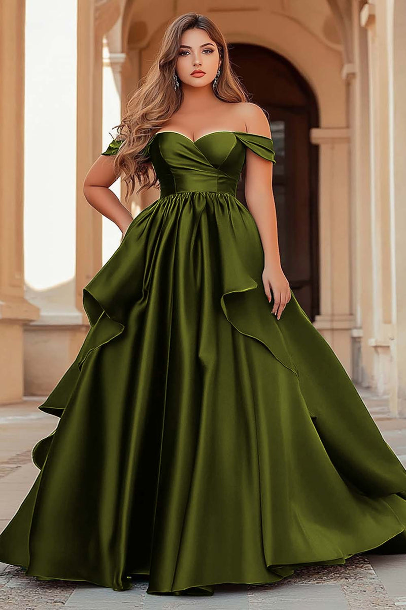 Load image into Gallery viewer, Dark Green Off the Shoulder Satin Long Prom Dress with Ruffles