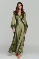 Load image into Gallery viewer, Champagne Satin V-Neck Backless Long Sleeves Evening Dress