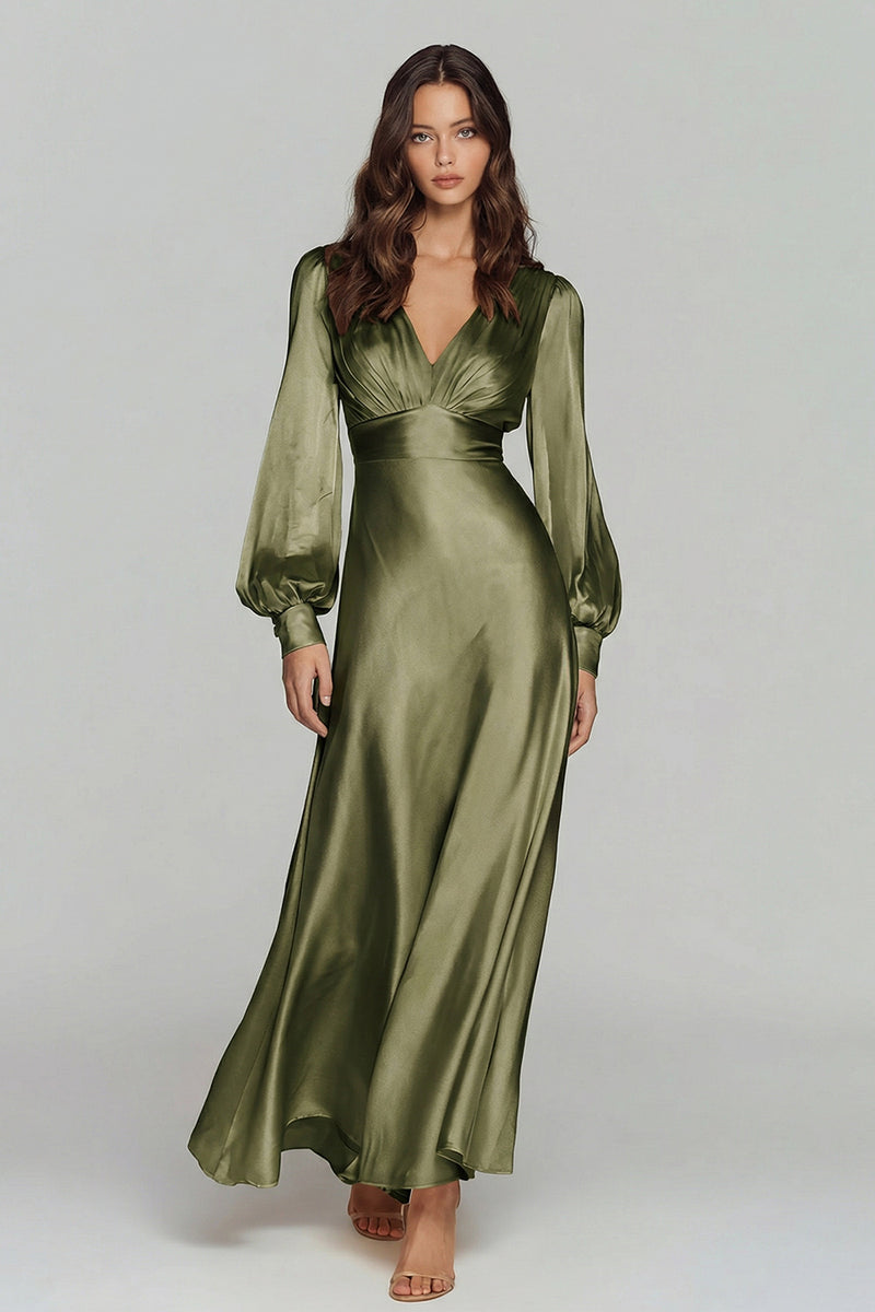 Load image into Gallery viewer, Champagne Satin V-Neck Backless Long Sleeves Evening Dress