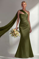 Load image into Gallery viewer, Burgundy Mermaid Neck Scarf Satin Ruched Long Prom Dress