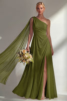 Load image into Gallery viewer, Burgundy One Shoulder Ruched A Line Long Beach Wedding Guest Dress with Side Cape
