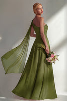 Load image into Gallery viewer, Burgundy One Shoulder Ruched A Line Long Beach Wedding Guest Dress with Side Cape