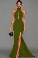 Load image into Gallery viewer, Black Mermaid High Neck Keyhole Satin Long Formal Dress with Slit