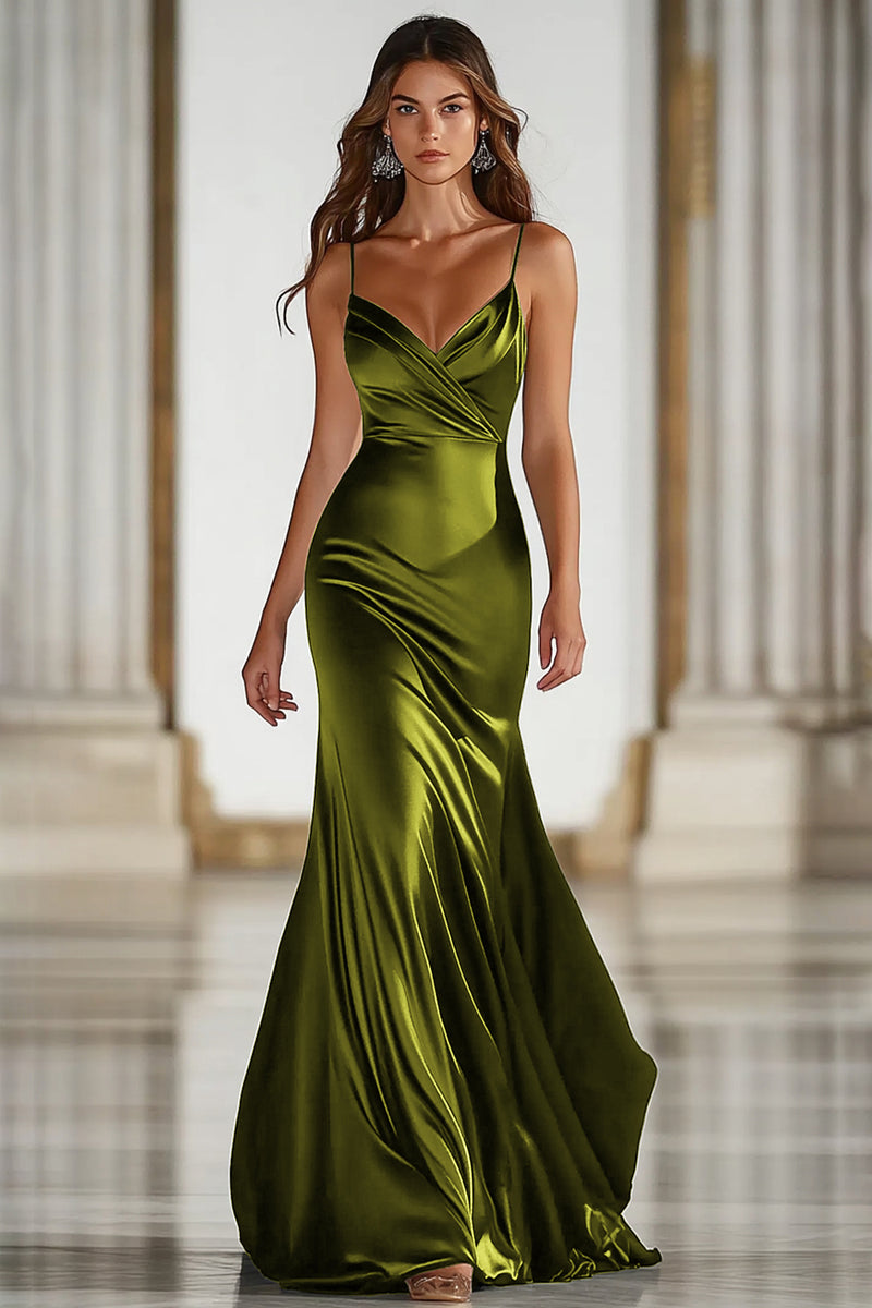 Load image into Gallery viewer, Dark Green Stretch Satin Spaghetti Straps Long Formal Dress