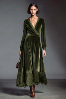 Load image into Gallery viewer, Coffee V-Neck Long Sleeves Velvet Holiday Party Dress with Lace