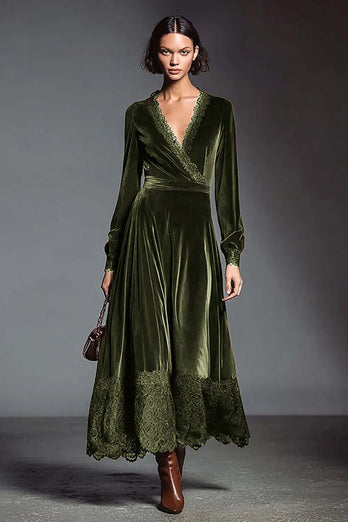 Coffee V-Neck Long Sleeves Velvet Holiday Party Dress with Lace