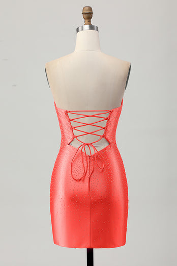 Sparkly Fuchsia Sweetheart Tight Short Beaded Prom Dress with Keyholes