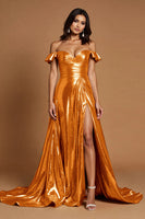 Load image into Gallery viewer, Golden A Line Metallic Ruffled Maxi Prom Dress with Slit