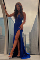 Load image into Gallery viewer, Glitter Black Corset Spaghetti Straps Mermaid Long Prom Dress with Slit