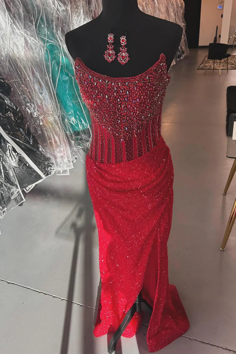 Load image into Gallery viewer, Sparkly Blue Mermaid Strapless Long Prom Dress with Slit