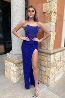 Load image into Gallery viewer, Sparkly Blue Mermaid Strapless Maxi Prom Dress with Slit