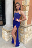 Load image into Gallery viewer, Sparkly Blue Mermaid Strapless Long Prom Dress with Slit