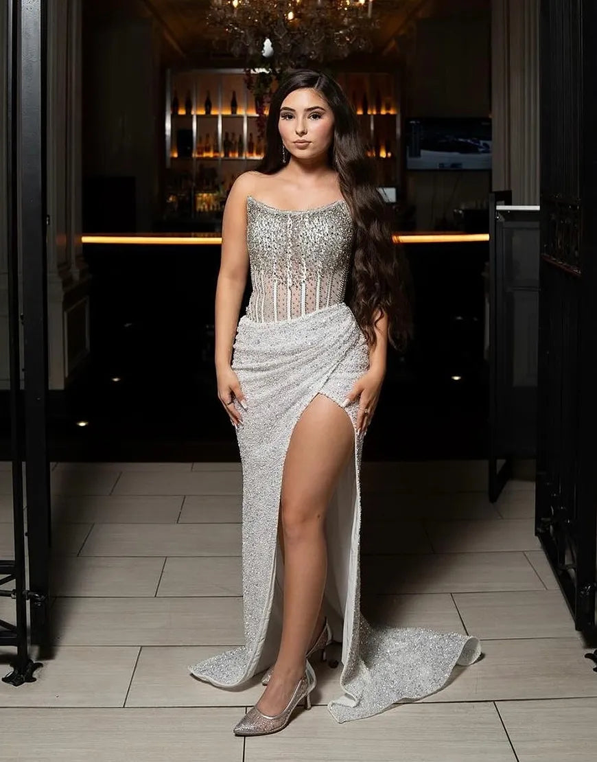 Load image into Gallery viewer, Sparkly Blue Mermaid Strapless Long Prom Dress with Slit