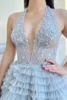 Load image into Gallery viewer, Sparkly Lavender A-Line Laced Halter Corset Tiered Tulle Long Prom Dress with Slit