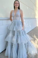 Load image into Gallery viewer, Sparkly Lavender A-Line Laced Halter Corset Tiered Tulle Long Prom Dress with Slit