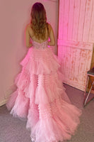 Load image into Gallery viewer, Sparkly Lavender A-Line Laced Halter Corset Tiered Tulle Long Prom Dress with Slit