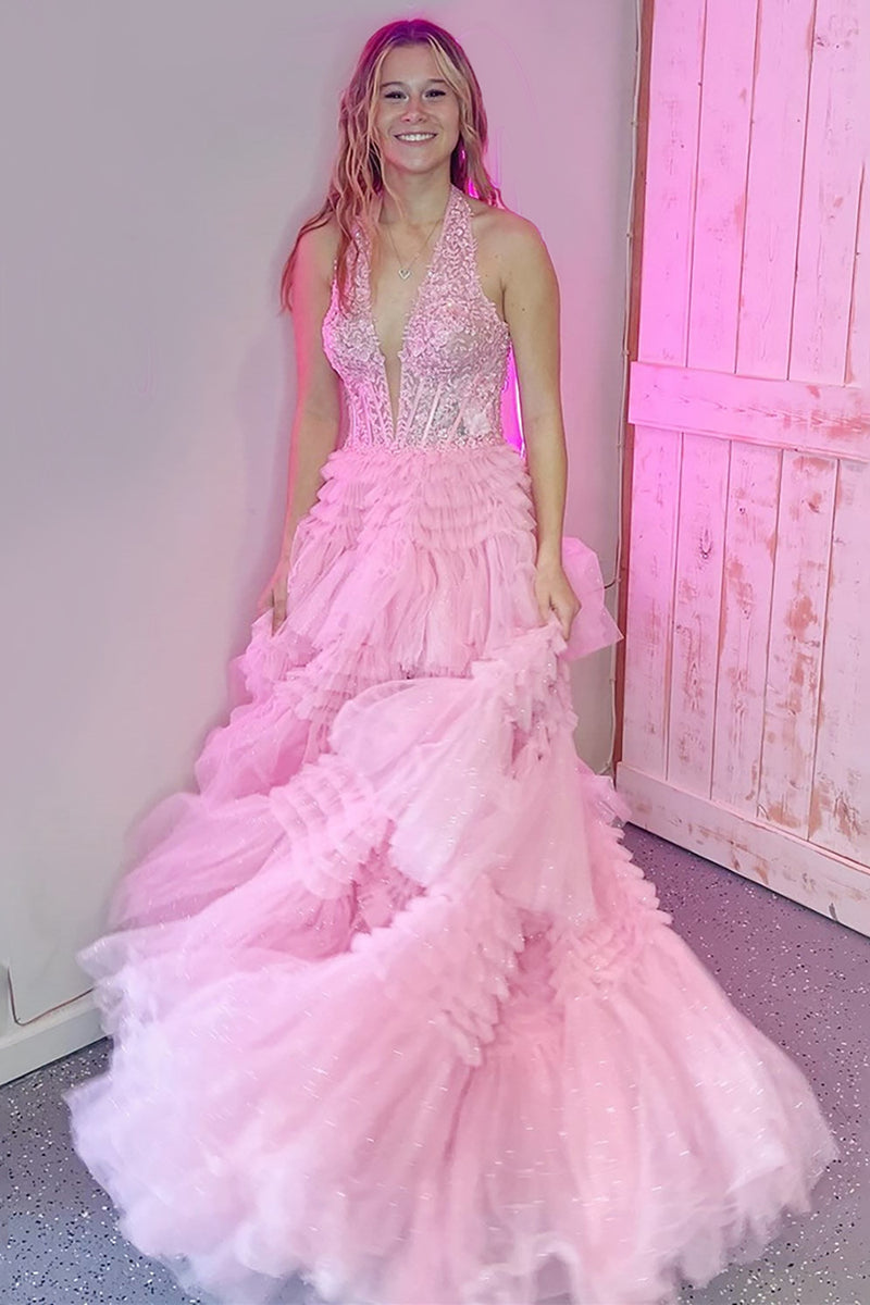 Load image into Gallery viewer, Sparkly Lavender A-Line Laced Halter Corset Tiered Tulle Long Prom Dress with Slit