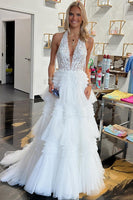 Load image into Gallery viewer, Sparkly Lavender A-Line Laced Halter Corset Tiered Tulle Long Prom Dress with Slit