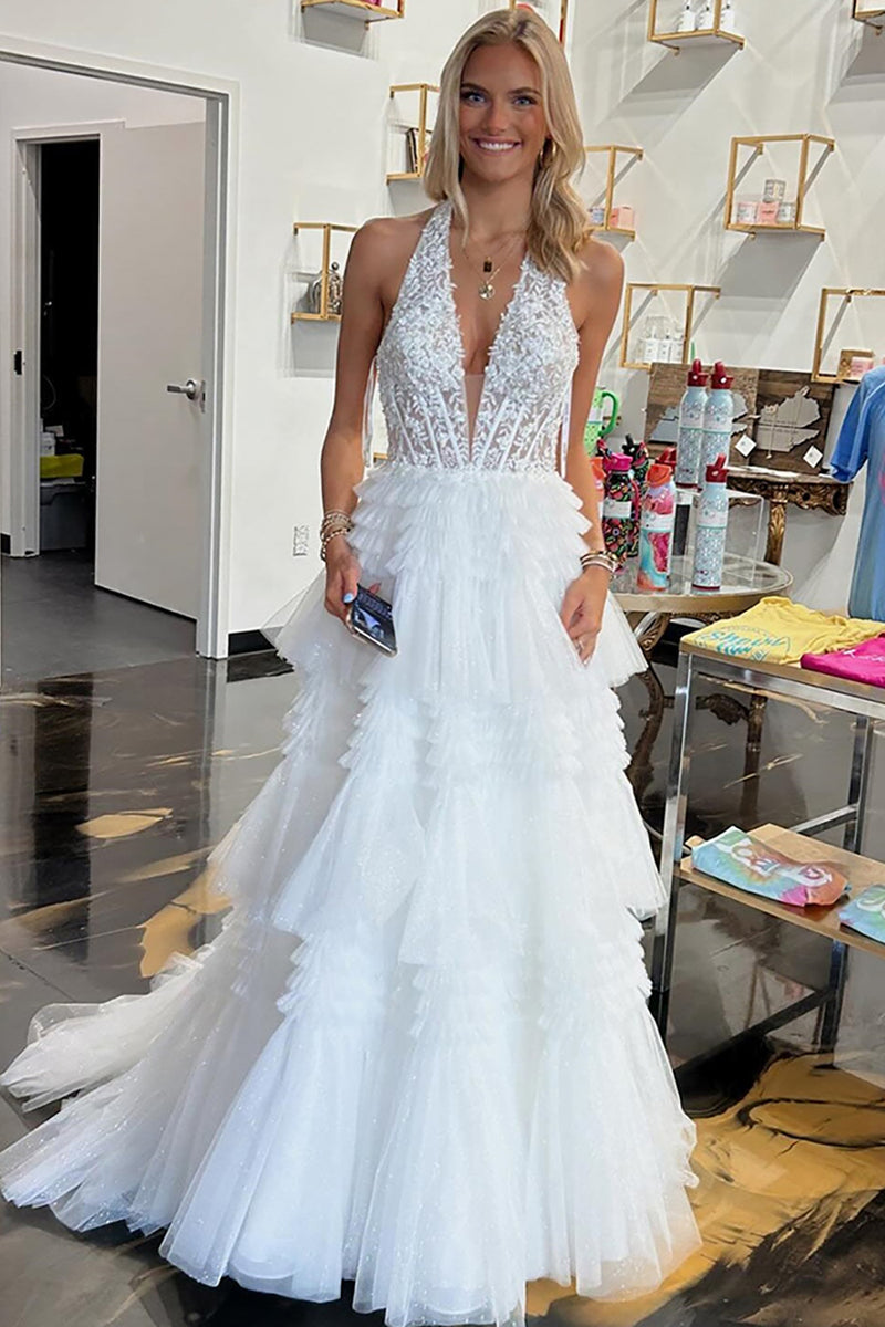 Load image into Gallery viewer, Sparkly Lavender A-Line Laced Halter Corset Tiered Tulle Long Prom Dress with Slit