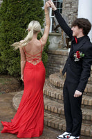 Load image into Gallery viewer, Navy Mermaid Spaghetti Straps Lace-Up Back Long Prom Dress