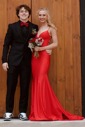 Navy Mermaid Spaghetti Straps Lace-Up Back Long Prom Dress