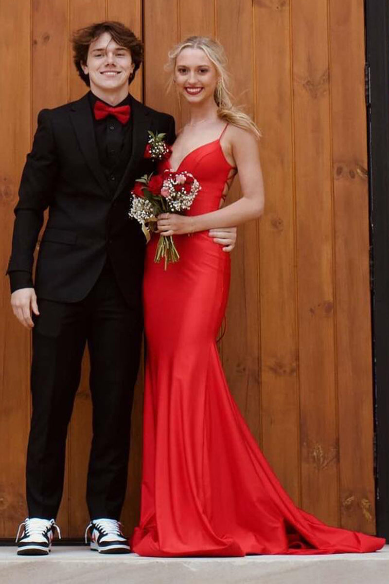 Load image into Gallery viewer, Navy Mermaid Spaghetti Straps Lace-Up Back Long Prom Dress